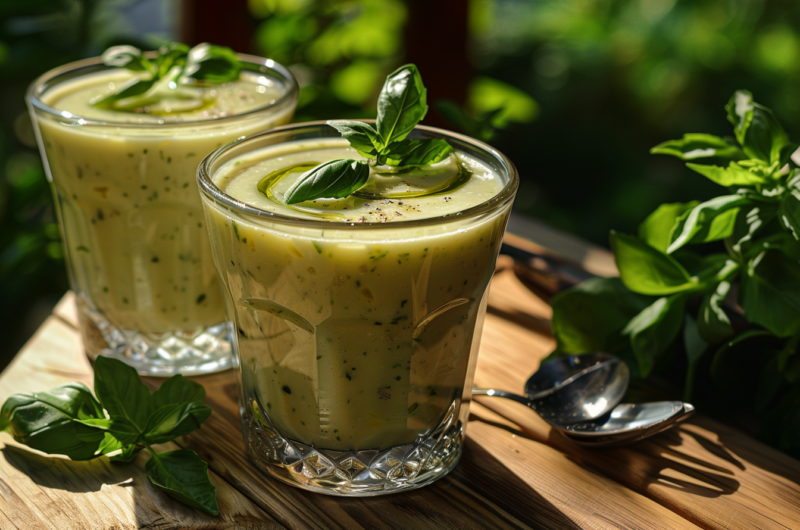 Soupe froide de courgette, feta, menthe & basilic