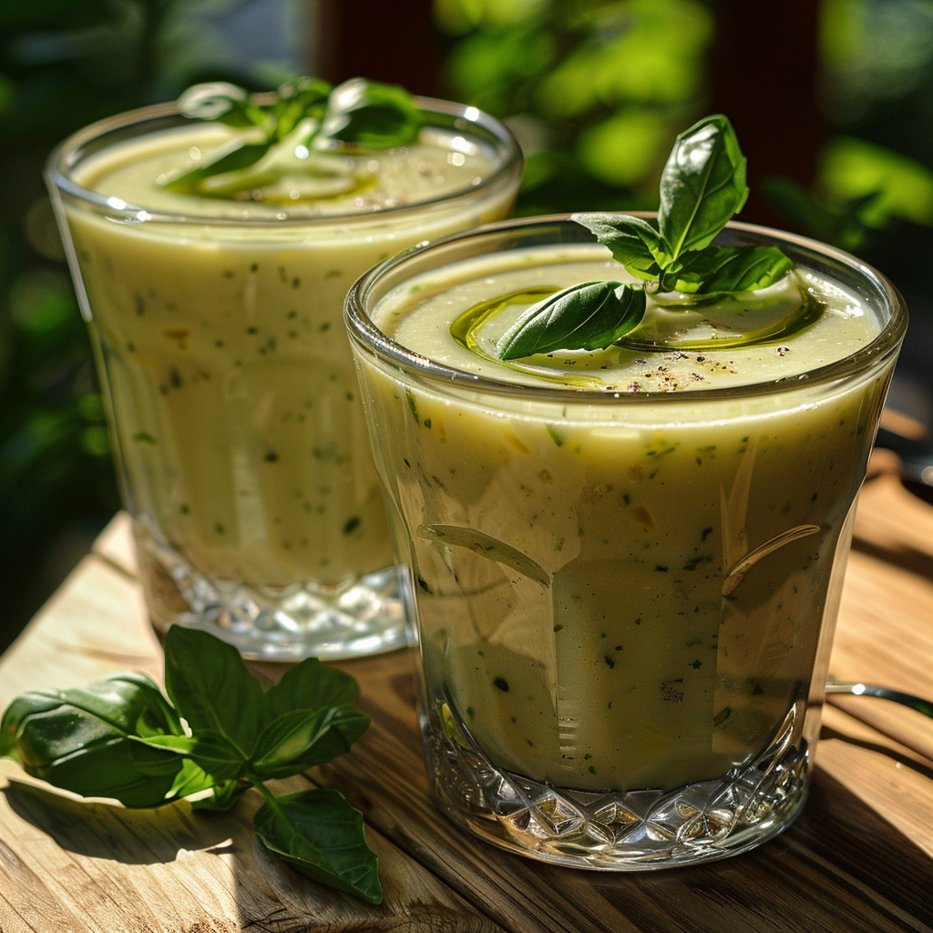 Soupe froide de courgette, feta, menthe & basilic