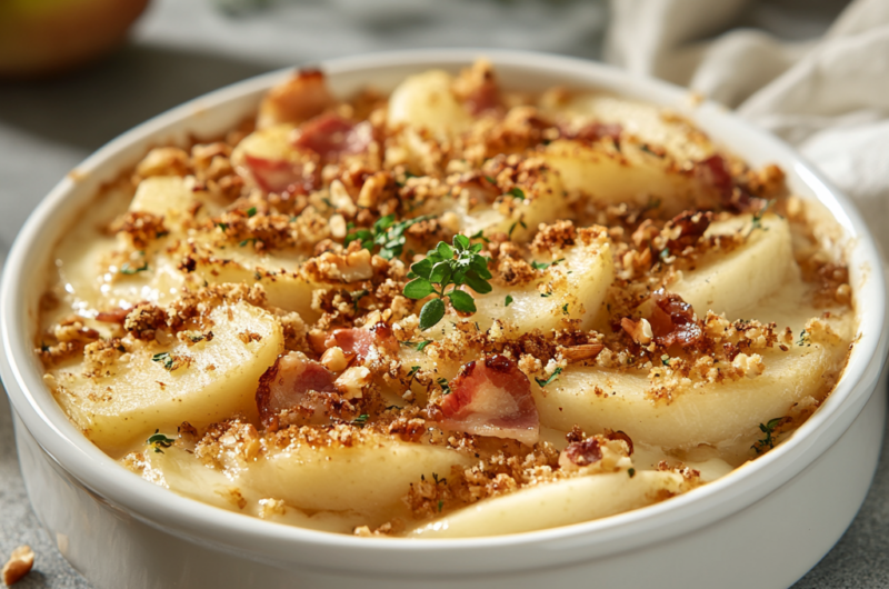 Crumble gratiné de butternut, poires et bacon