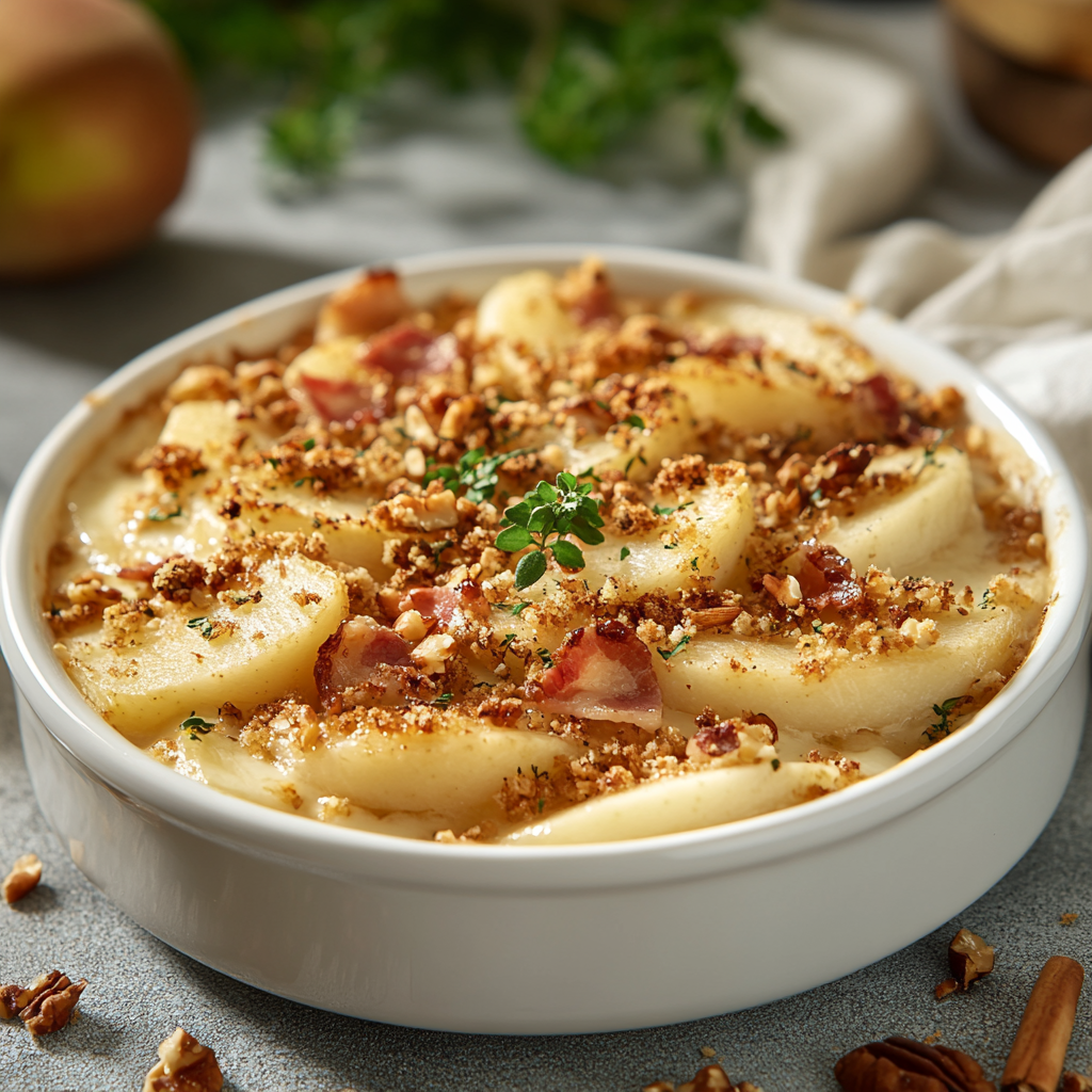 Crumble gratiné de butternut, poires et bacon